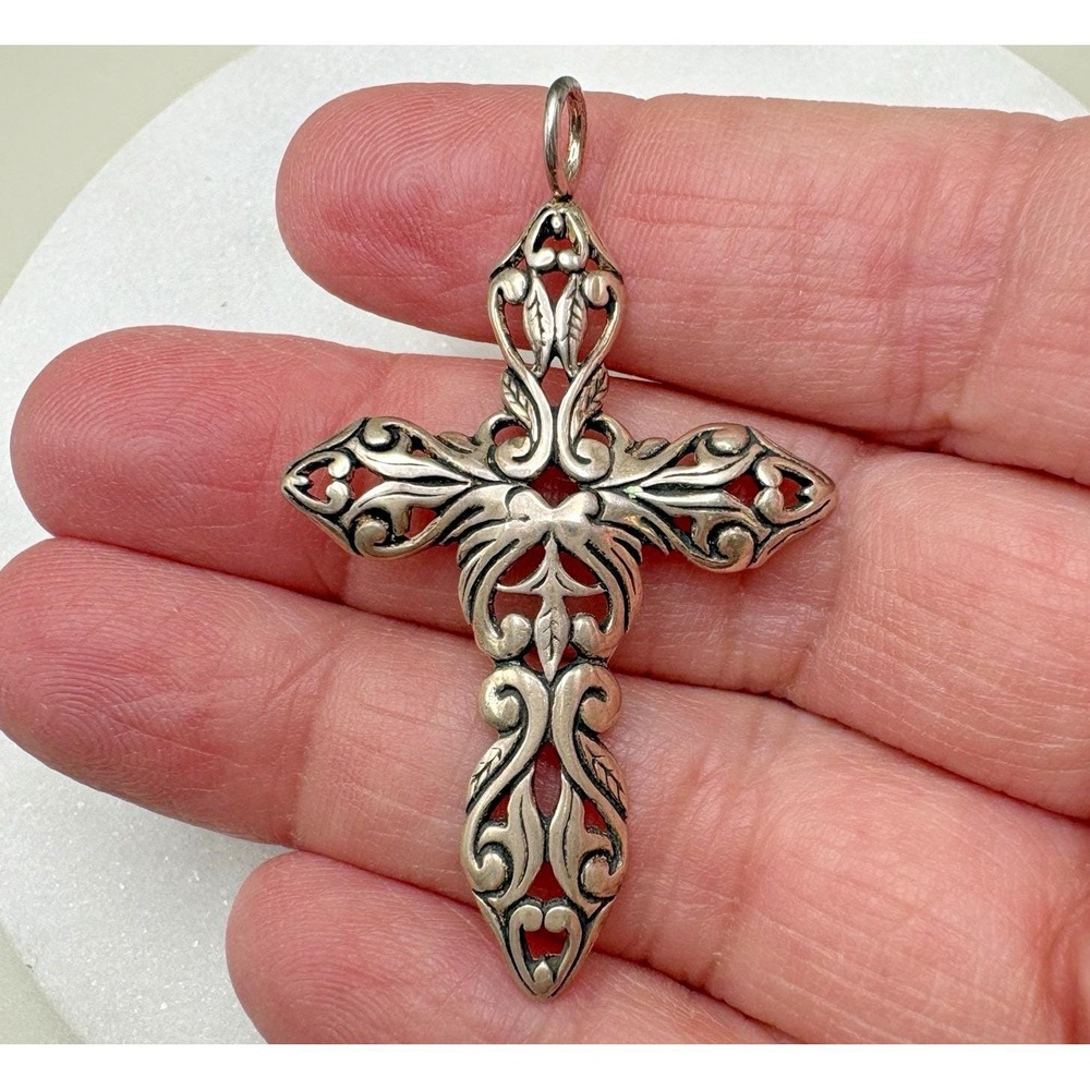 Vintage Sterling Silver Filigree Cross Pendant 925 Victorian Revival JEZ